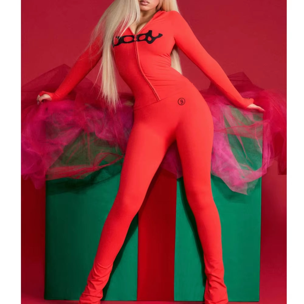 HLJ&GG Autumn New Letter Print Zipper Tracksuits Women Long Sleeve Slim Top and Skinny Pants Two Piece Sets Fashion 2Pcs Outfits