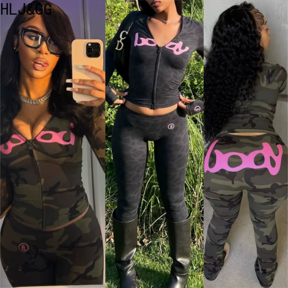 HLJ&GG Autumn New Letter Print Zipper Tracksuits Women Long Sleeve Slim Top and Skinny Pants Two Piece Sets Fashion 2Pcs Outfits